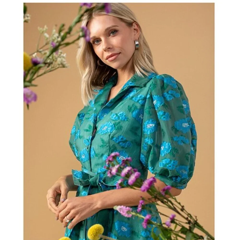 Green Floral Maxi Dress with Tie Waist - Picture 2 of 9